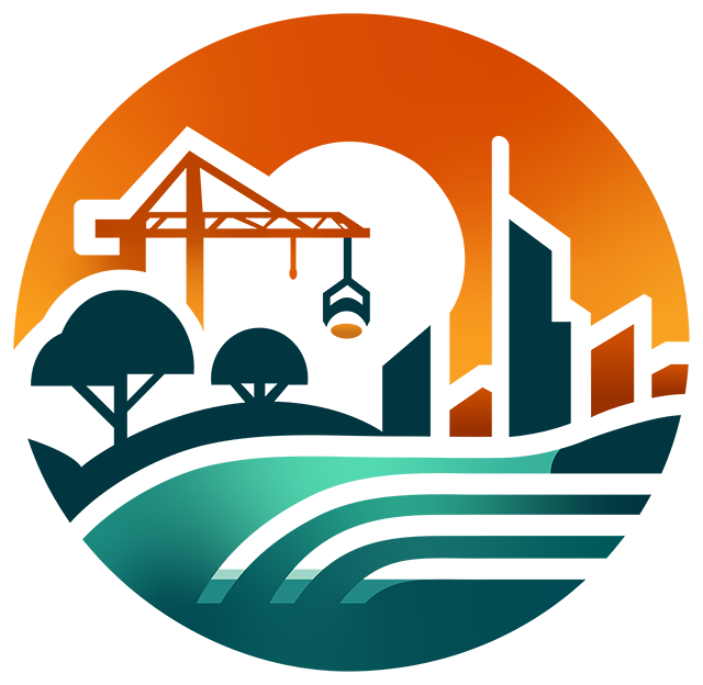 The Specpro People emblem: a crane and city towers against an orange sky, trees on a hill, and a teal river.
